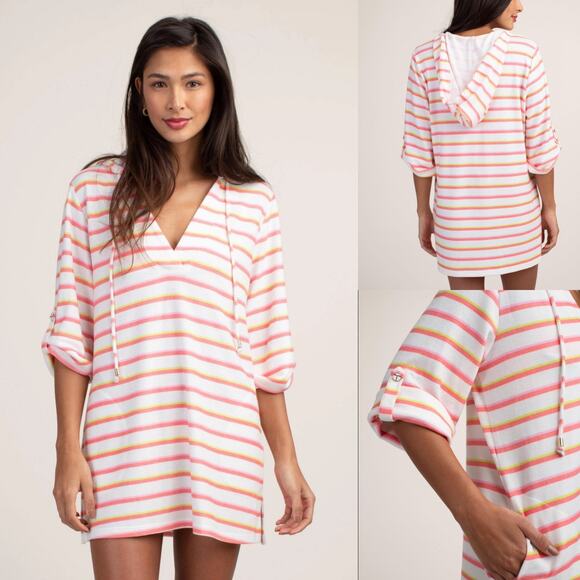 Trina Turk Costa De Prata Hooded Terry Tunic Coverup Large Roll Tab Beach Resort - Picture 1 of 11
